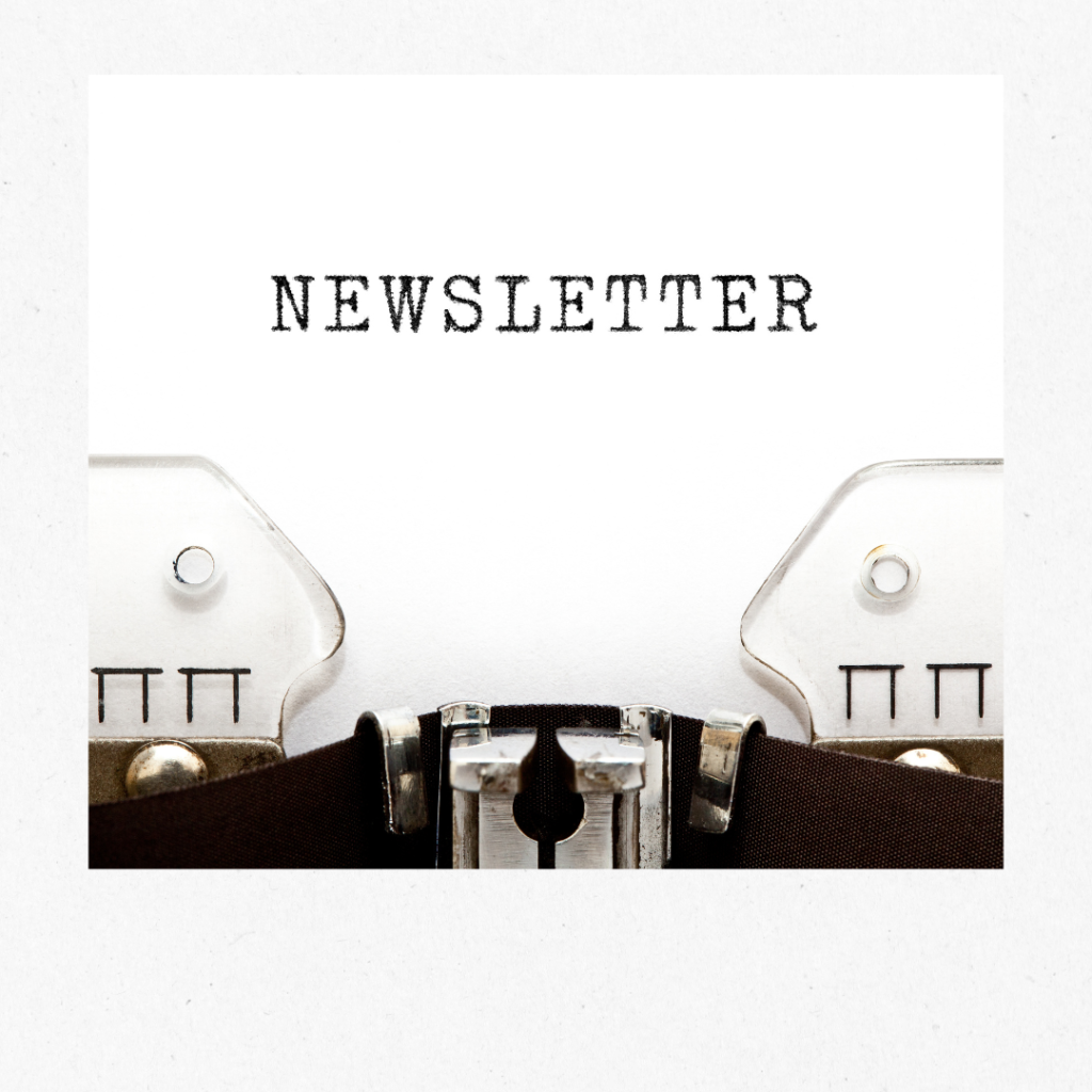 A clean, minimalist graphic with the word "NEWSLETTER" in a serif font, featuring a simple line-art illustration of a house and a small mailbox.