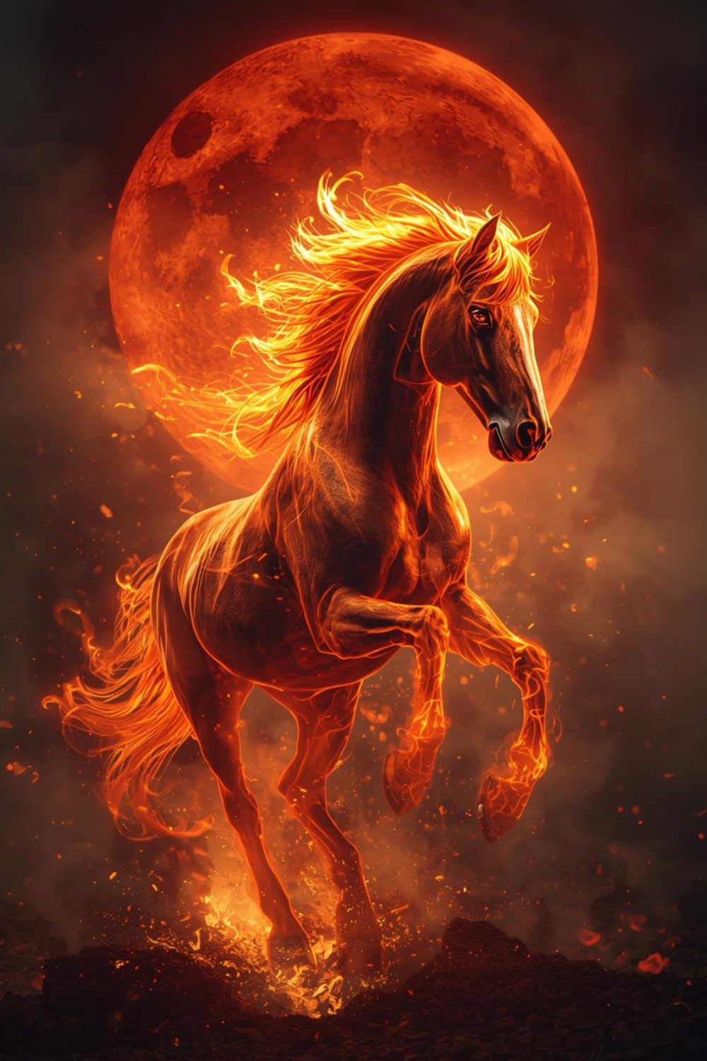 A majestic fire horse with a glowing mane leaping inside a large blood moon, representing 2026 lunar energy and the Lavish Interiors Signature Wall Calendar.