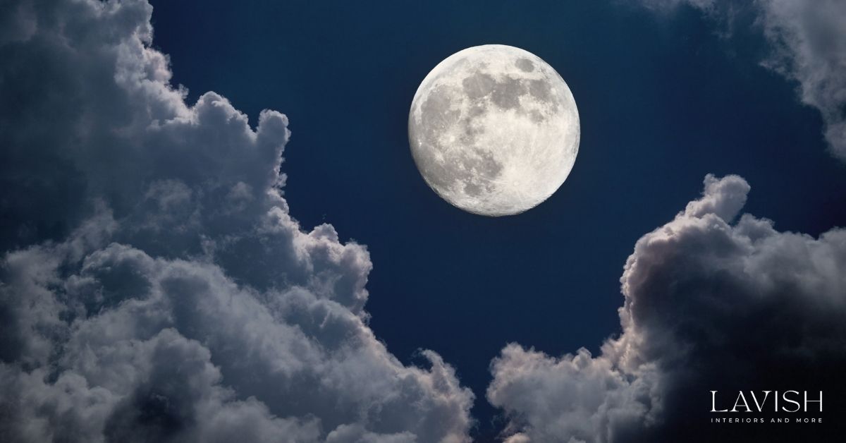Full moon in night sky with clouds - feature image for Lavish Interiors 2026 Lunar Wall Calendar.