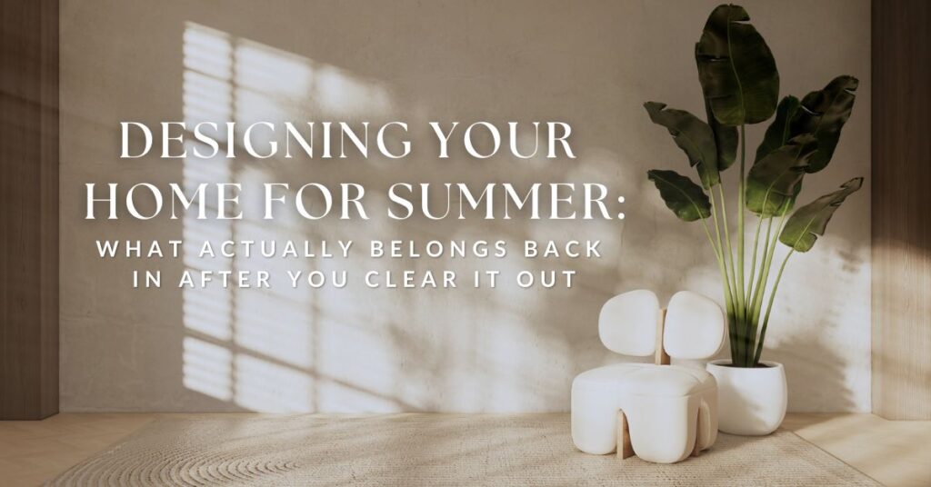 "Designing Your Home for Summer" blog post cover featuring a bright living room with white linen curtains and a textured stone vase.