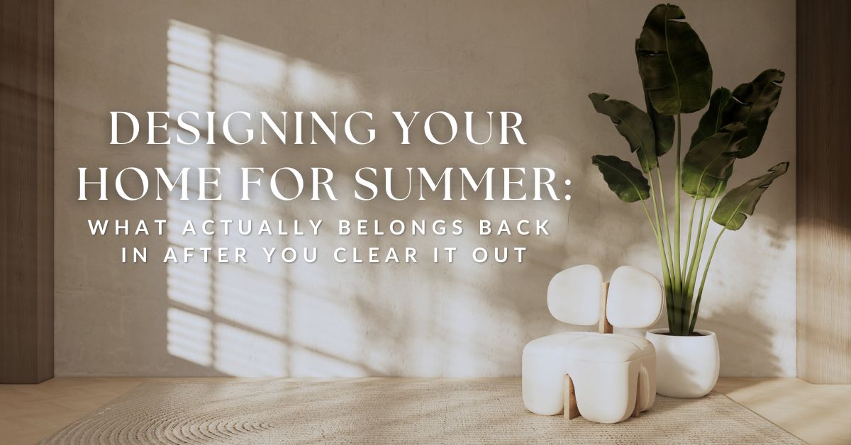 "Designing Your Home for Summer" blog post cover featuring a bright living room with white linen curtains and a textured stone vase.