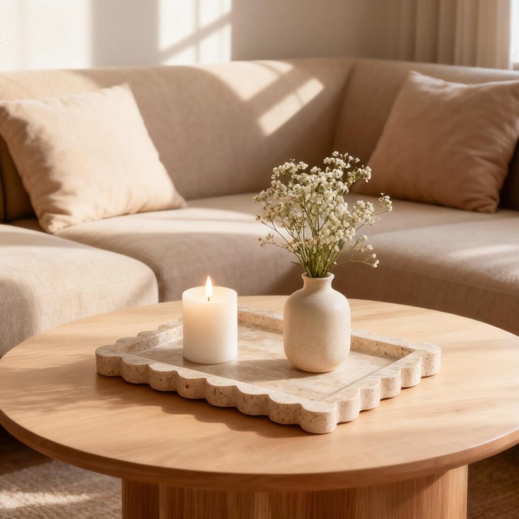Airy living room featuring a round wooden coffee table with minimal styling to create a breathable, open surface.