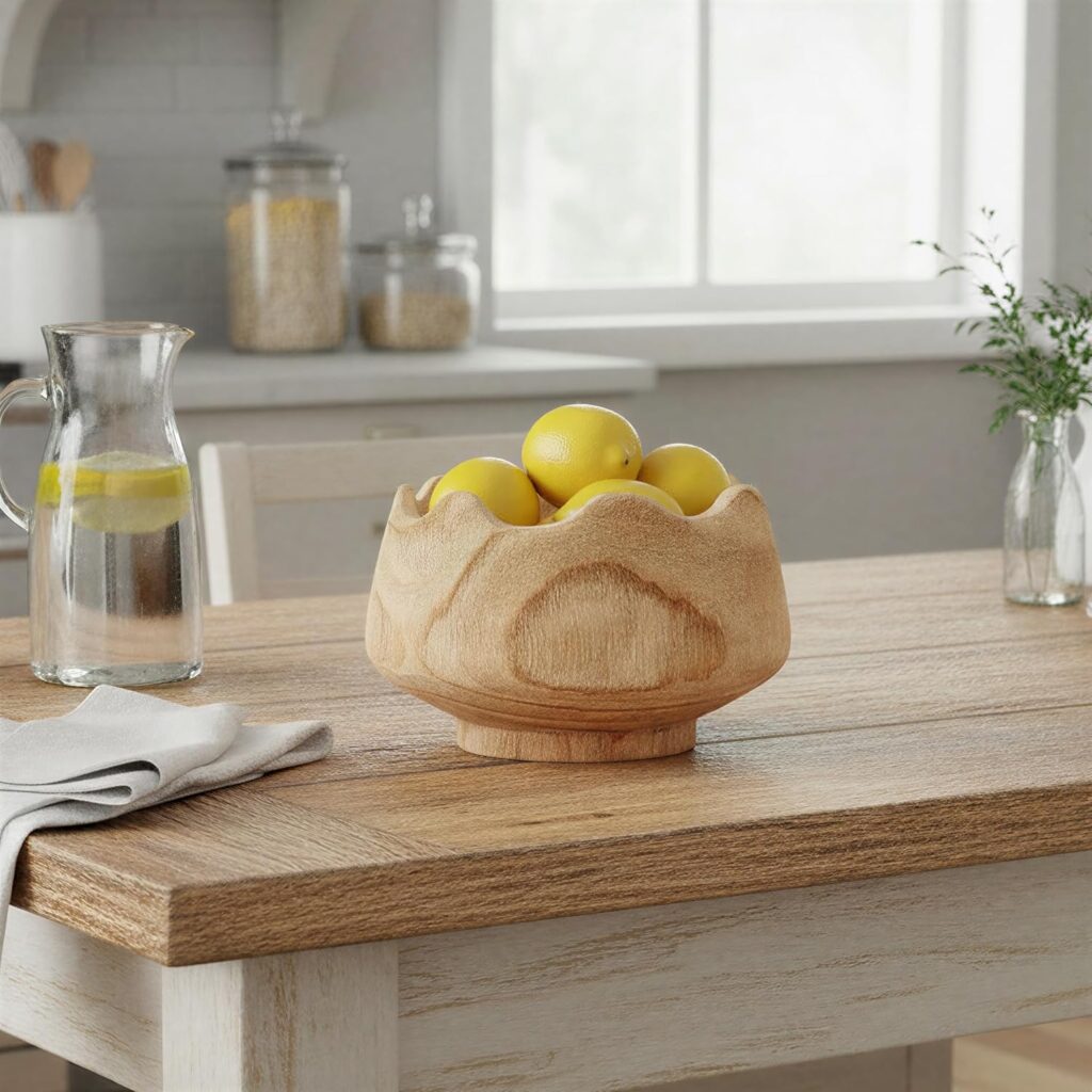 A decorative wood scalloped bowl paired with beige ceramic vases and dried florals on a light wood shelf.