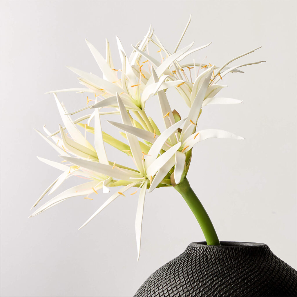 Simple white floral arrangement in a white textured vase on a marble countertop.