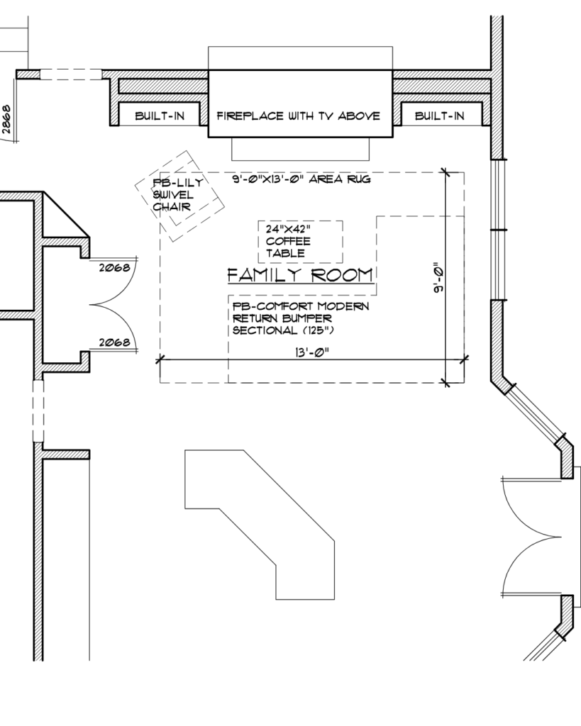 An alternative furniture layout and space plan drawing for a luxury living room design by a St. Louis interior designer.