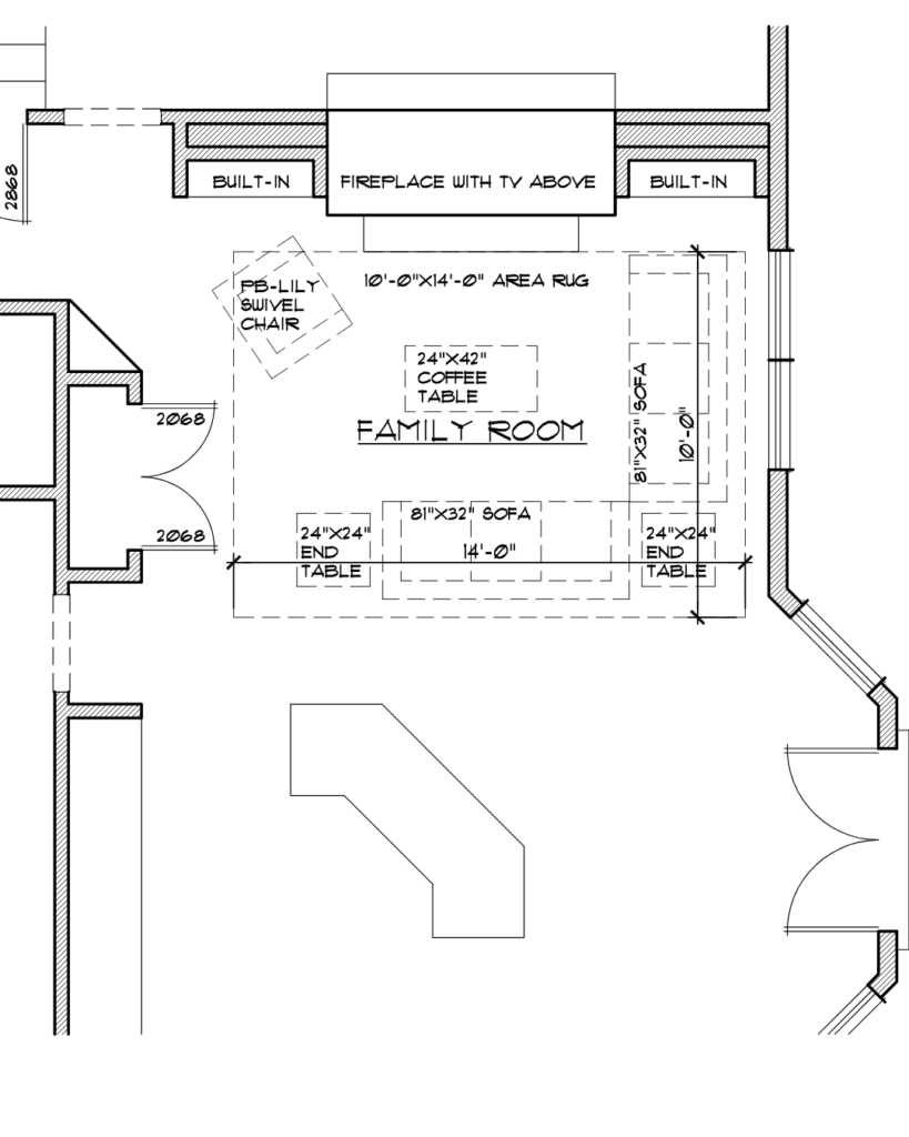 A luxury residential space plan drawing showing an open concept furniture layout for a family room by Lavish Interiors.
