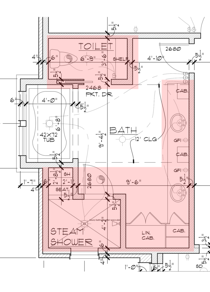 Original luxury bathroom layout showing the initial floor plan before a custom residential redesign by Lavish Interiors.