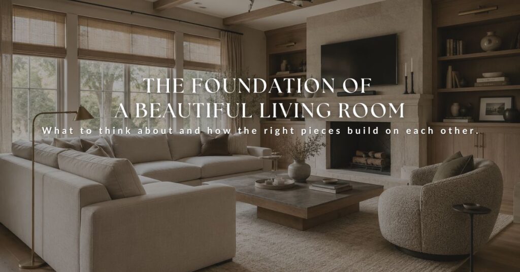 Organic modern living room with neutral sectional, stone fireplace, and built in shelving, feature image for The Foundation of a Beautiful Living Room blog post