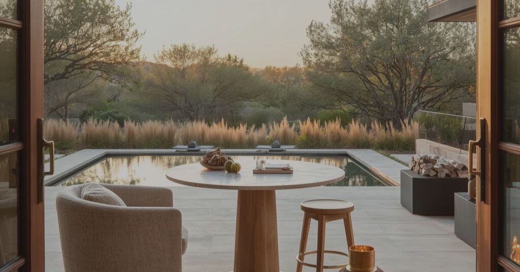 Sunlit organic modern patio with neutral outdoor seating and natural textures, a simple mid-year home reset for summer living.