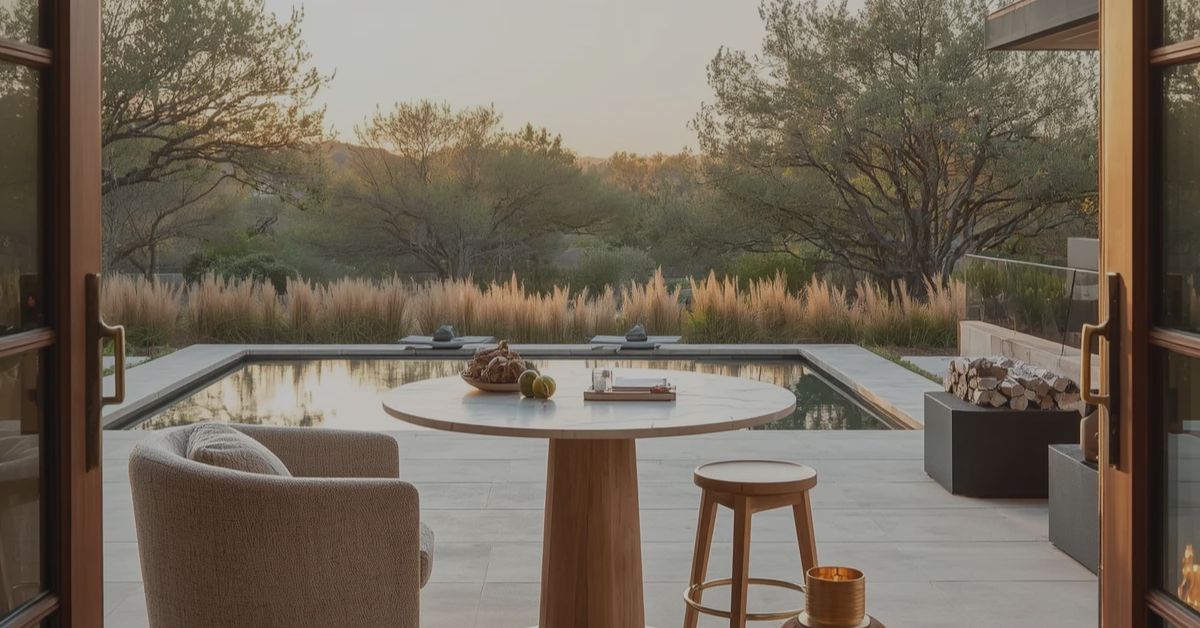 Sunlit organic modern patio with neutral outdoor seating and natural textures, a simple mid-year home reset for summer living.