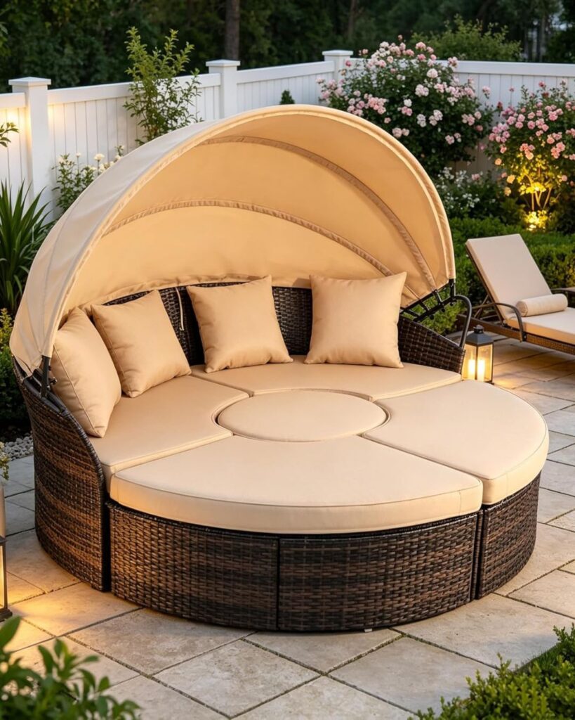 A luxury round outdoor patio daybed with an open cream fabric canopy canopy, styled with plush neutral cushions on a modern concrete patio.