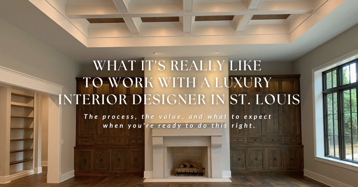 Luxury interior designer St Louis blog post feature image showing an elegant living room with a grand fireplace.