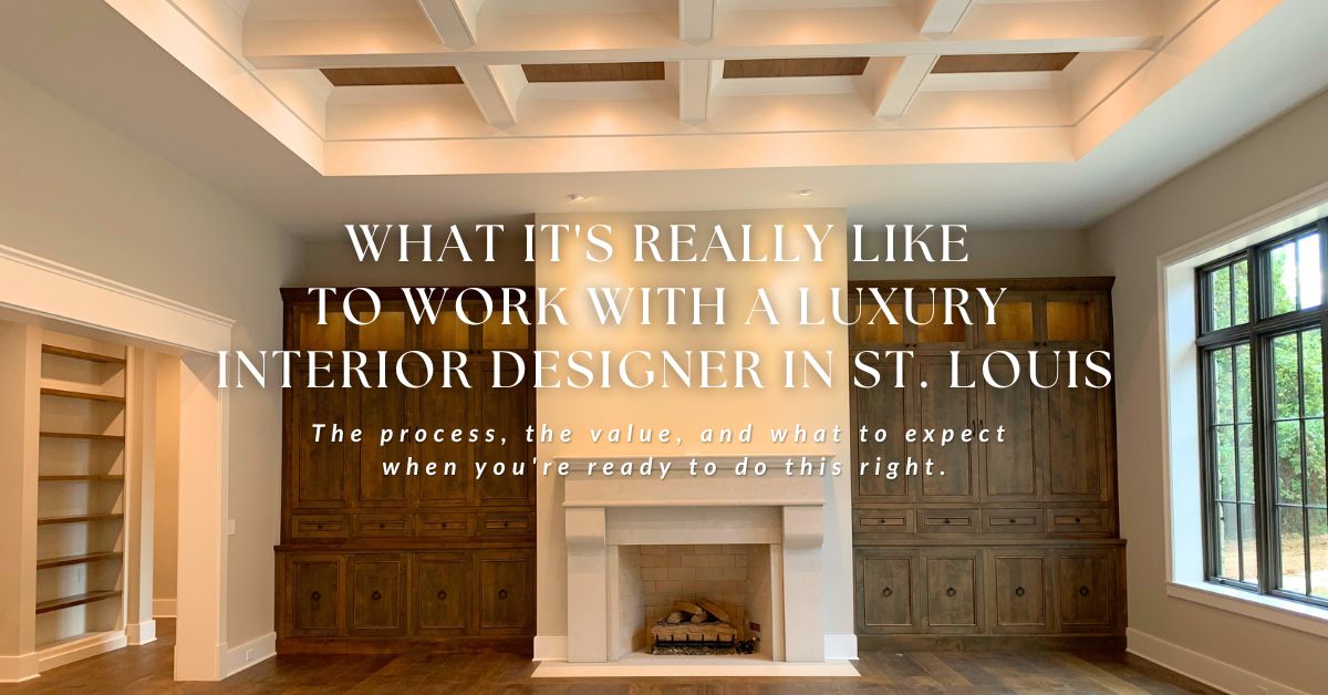 Luxury interior designer St Louis blog post feature image showing an elegant living room with a grand fireplace.