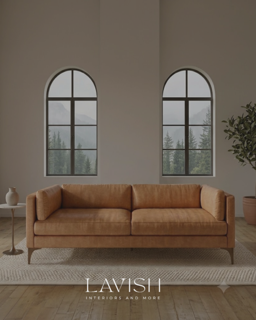 A cognac leather sofa centered between two large symmetrical black-framed arched windows with a view of misty evergreen mountains.