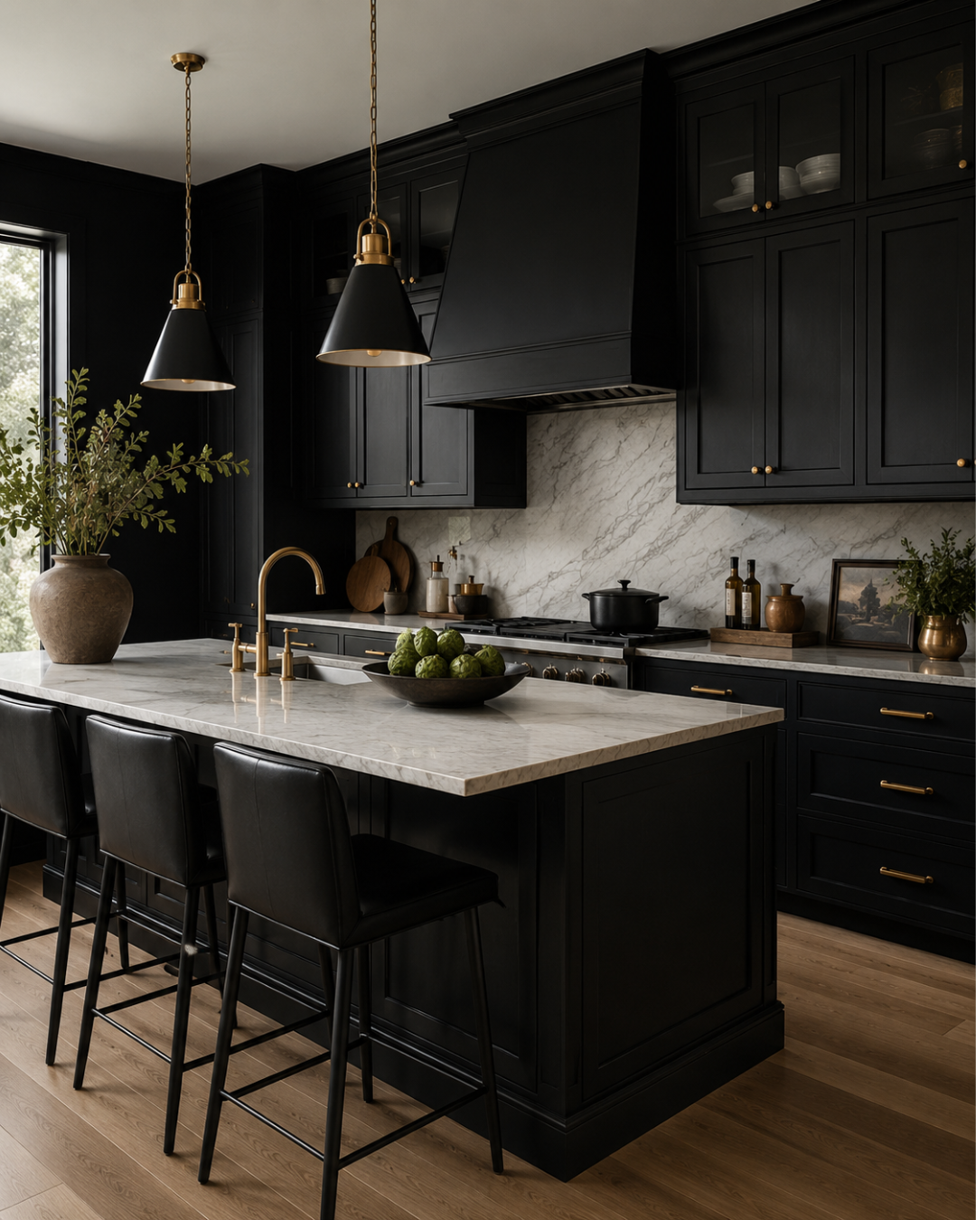 Luxury black custom kitchen cabinets and marble island representing style preference in custom home design.