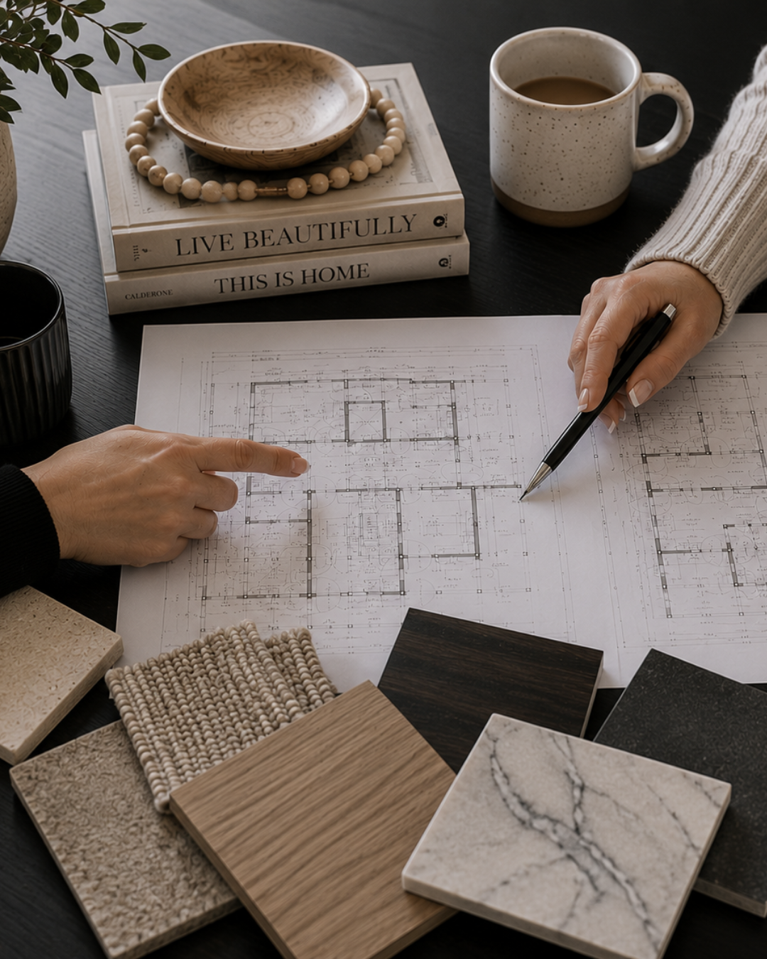 Interior designer reviewing floor plan sketch and material swatches during the custom home design process.