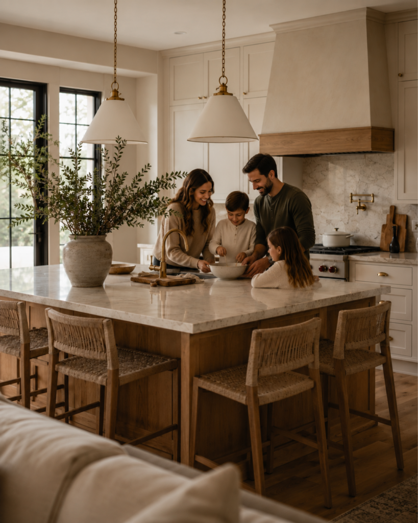 Family gathered around a custom kitchen island sharing time together in a luxury St. Louis custom home.