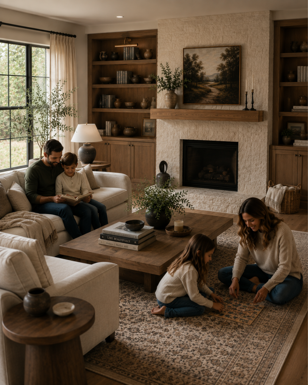 Family relaxing together in a luxury St. Louis living room designed for lifestyle priorities.