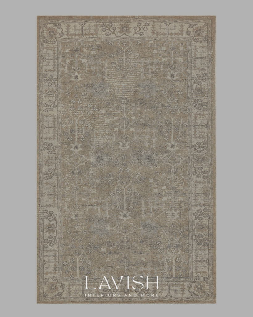 An earth-tone floral Persian area rug in shades of beige, taupe, and cream with a distressed vintage pattern.