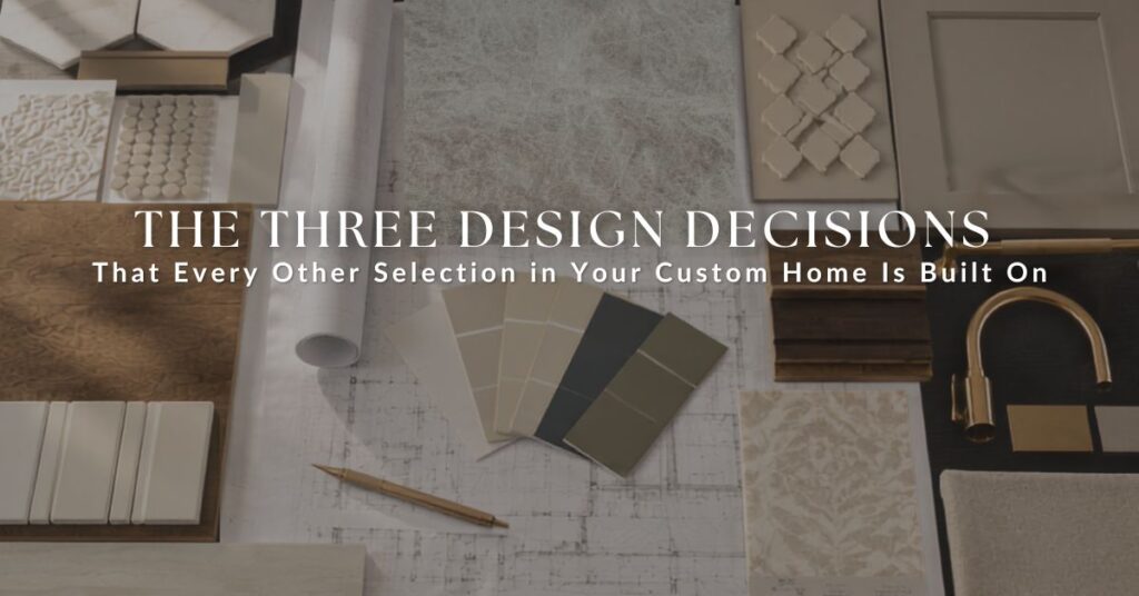 Custom home design decisions material board with flooring, paint colors, cabinetry, and metal finishes