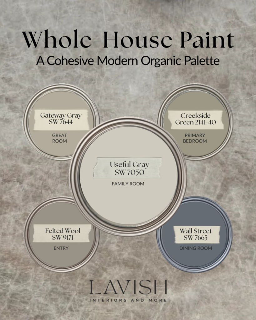 Cohesive modern organic whole house paint palette by Lavish Interiors and More