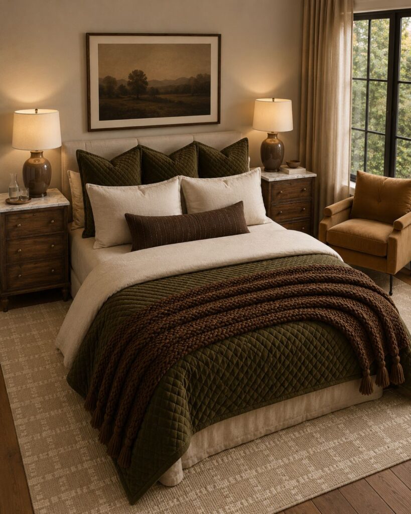 Serenely styled primary bedroom with soft neutral bedding, warm accent lighting, and calming decor.