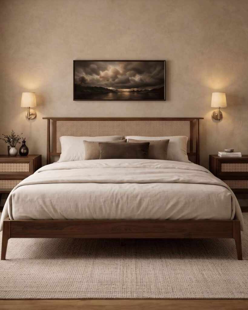 Cozy bedroom corner with organic modern bedside decor, textured ceramic lamp, and warm neutral palette.