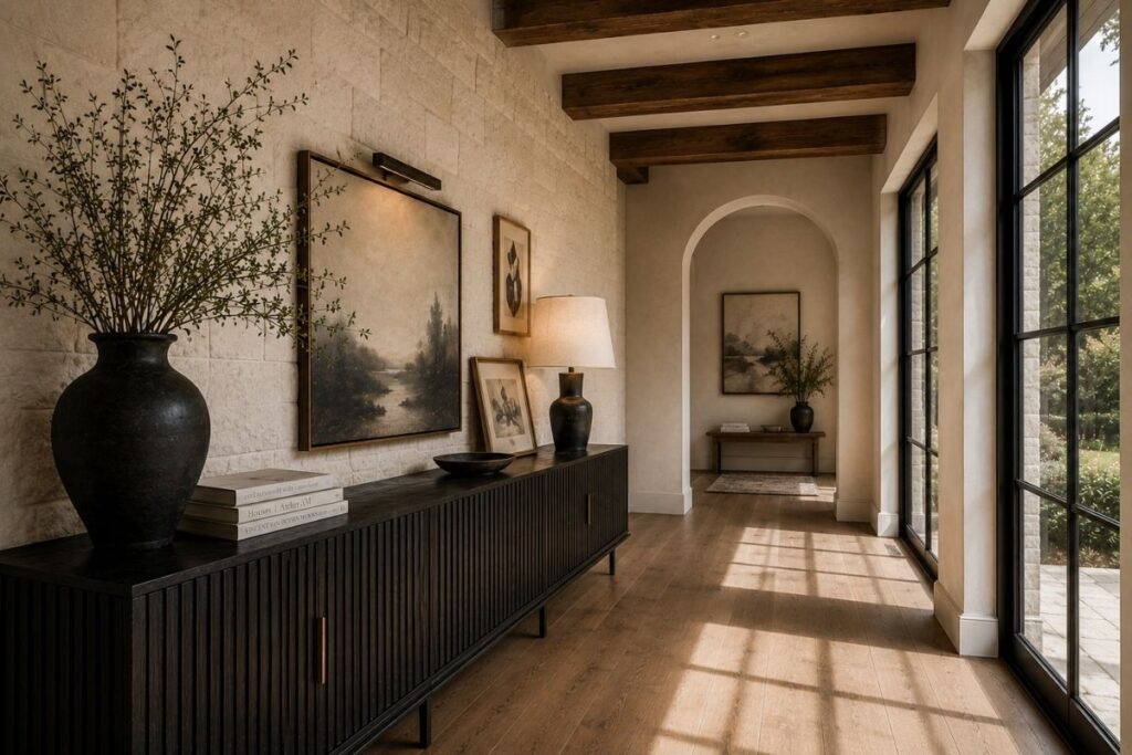 Modern luxury entryway featuring a black fluted console table, large artwork, a tall black vase with branches, and an arched hallway view.