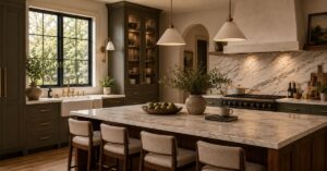 Luxury interior design featuring custom dark green kitchen cabinets, marble countertops, brass hardware, and a stone range alcove.