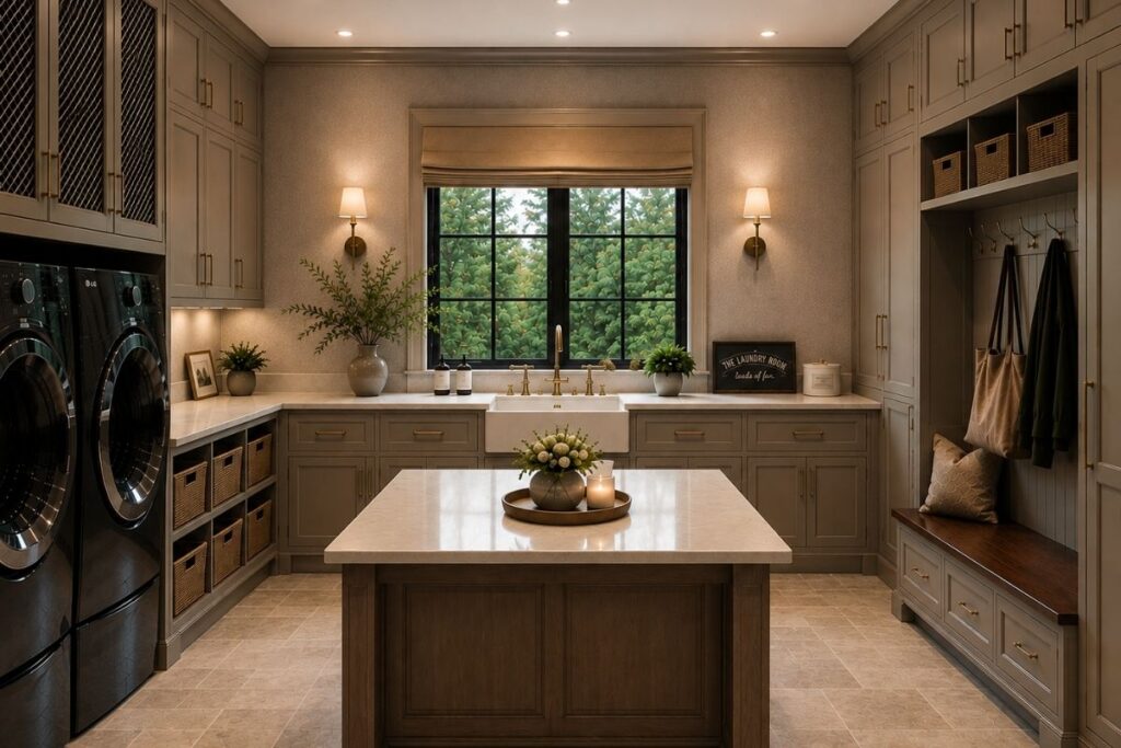 Custom luxury laundry room and mudroom featuring greige cabinetry, black front-load appliances, an apron-front sink under grid windows, and a central island.
