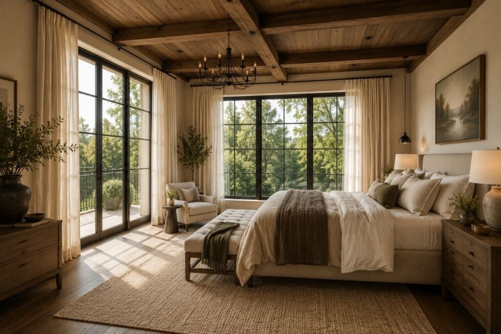 Spacious luxury primary bedroom with dark exposed wood ceiling beams, floor-to-ceiling black grid windows, a upholstered bed, and a neutral area rug.