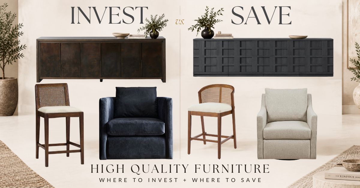High quality furniture invest vs. save comparison featuring credenzas, counter stools and accent chairs.