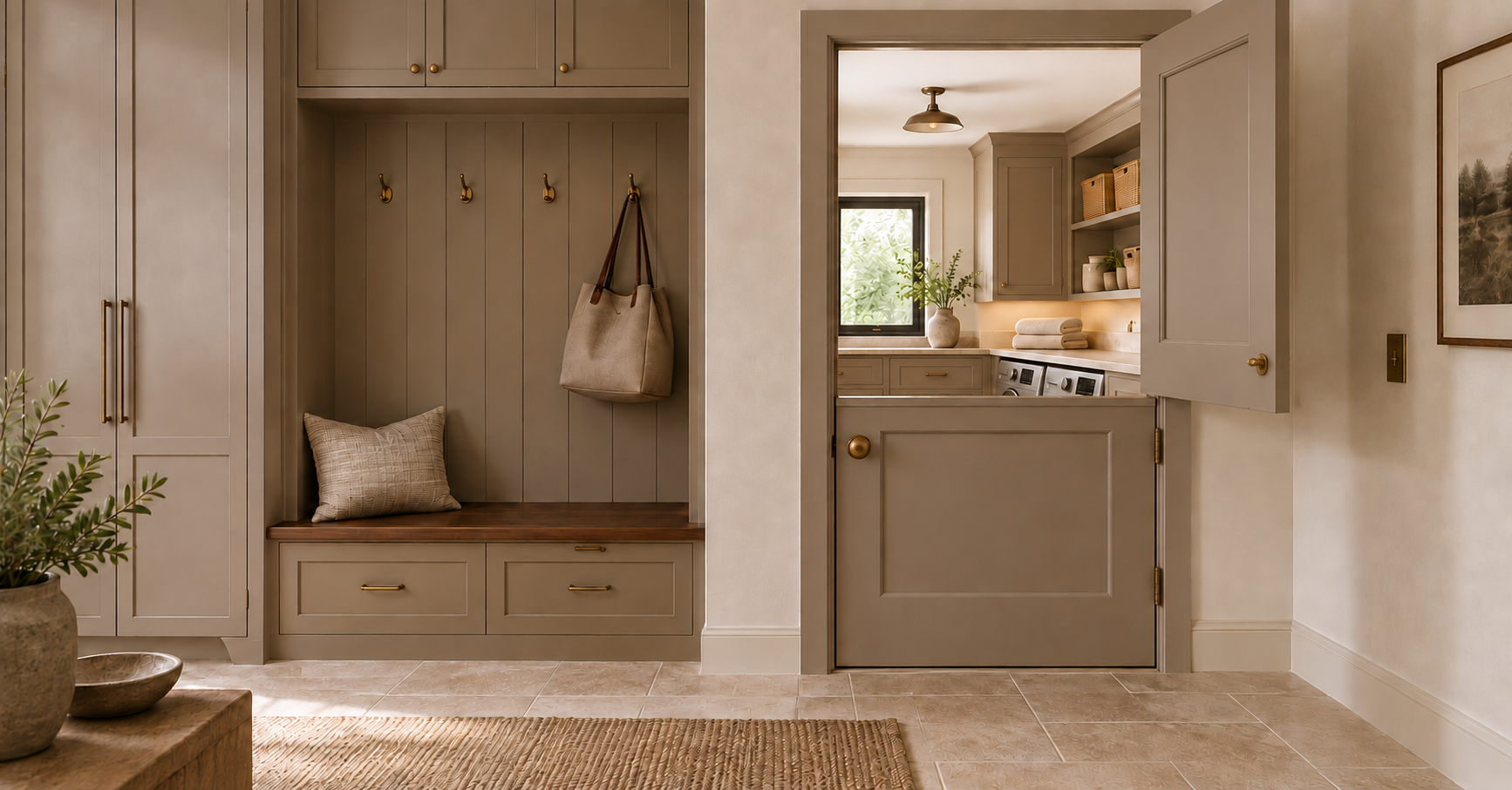Things to consider when building a house: Warm neutral mudroom with built-in storage, a walnut bench, and a solid Dutch door opening into a laundry room.